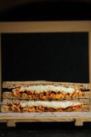 Hähnchen Tikka Minze gegrillt Sandwich isoliert auf hölzern Tafel Seite Aussicht von schnell Essen auf dunkel Hintergrund foto