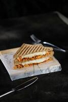 Hähnchen Tikka Minze gegrillt Sandwich isoliert auf hölzern Tafel Seite Aussicht von schnell Essen auf dunkel Hintergrund foto