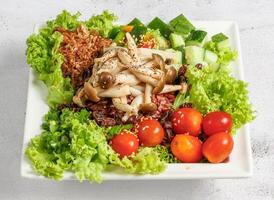 Vegetarier Sack Schüssel mit Pilz, Tomate, Gurke und Grüner Salat Blatt serviert im Gericht isoliert oben Aussicht von Singapur Essen foto