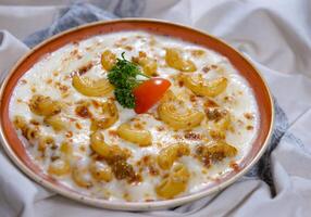 Makkaroni Bechamel mit Tomate serviert im Gericht isoliert auf Essen Tabelle oben Aussicht von Mitte Osten Gewürze foto