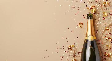 Flasche von Champagner umgeben durch Konfetti und Luftschlangen foto
