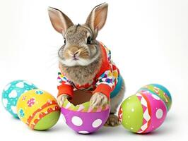 ai generiert ein Hase tragen ein süß Hemd taucht auf von das groß Ei mit schön bunt Muscheln auf ein Weiß Hintergrund. foto