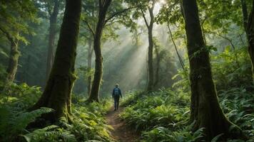 ai generiert ein Person eingetaucht im Natur, umgeben durch üppig Grün oder hoch aufragend Bäume, mit ein heiter Ausdruck von Scheu und Anerkennung. foto