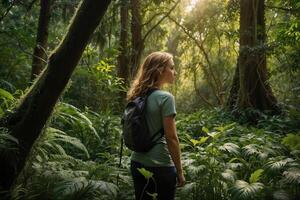 ai generiert ein Person eingetaucht im Natur, umgeben durch üppig Grün oder hoch aufragend Bäume, mit ein heiter Ausdruck von Scheu und Anerkennung. foto