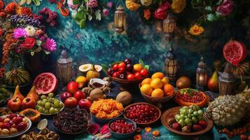 ai generiert ein reichlich Anzeige von Früchte, Süßigkeiten, und Delikatessen gelegt aus auf ein Tabelle im Vorbereitung zum das eid al-adha foto