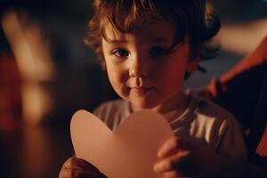 ai generiert Kinder machen herzförmig Papier Geschenke zu ausdrücken ihr Liebe zu ihr Mütter auf Mutter Tag. foto