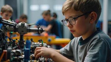 jung Junge beschäftigt, verlobt im Robotik Versammlung im ein modern Werkstatt während ein Wissenschaft Lager. foto