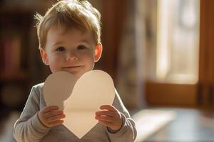 ai generiert Kinder machen herzförmig Papier Geschenke zu ausdrücken ihr Liebe zu ihr Mütter auf Mutter Tag. foto