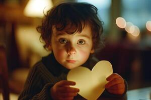 ai generiert Kinder machen herzförmig Papier Geschenke zu ausdrücken ihr Liebe zu ihr Mütter auf Mutter Tag. foto