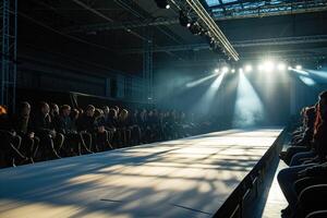 Publikum sitzend entlang das Runway beim ein Mode Show unter Scheinwerfer. foto