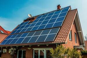 ai generiert modern nachhaltig Haus mit Solar- Paneele auf das Dach foto