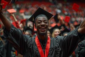 ai generiert männlich schwarz Absolvent feiert Abschluss Tag beim Hochschule foto