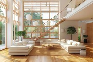 ai generiert modern Leben Zimmer mit hölzern Treppe groß Fenster während tagsüber foto