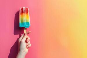 ai generiert weiblich Hand hält beschwingt Obst Eis Pop gegen Rosa Hintergrund foto