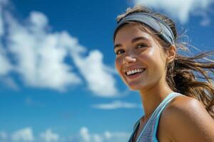 ai generiert Frau genießen Morgen Joggen unter Blau Himmel foto