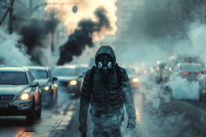 ai generiert Mann im Gas Maske Spaziergänge Nieder auf Straße mit giftig Rauch foto