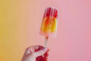 ai generiert weiblich Hand hält beschwingt Obst Eis Pop gegen Rosa Hintergrund foto