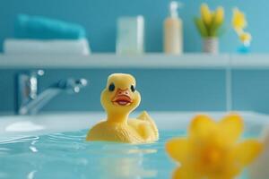 ai generiert Gelb Gummi ducky im Badezimmer foto