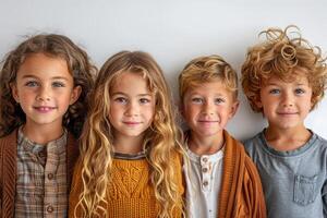 ai generiert Gruppe von vielfältig glücklich Kinder auf Weiß Hintergrund foto