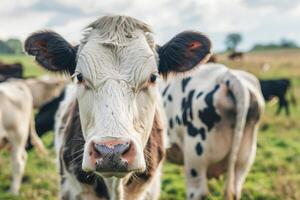 ai generiert Kuh Weiden lassen auf Feld, Essen Grün Gras auf Weide foto