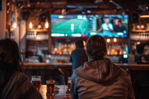 ai generiert Sport Fans Aufpassen Fußball Spiel beim Bar foto