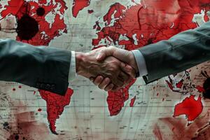ai generiert Geschäftsleute blutig Handschlag gegen Blut bespritzt Welt Karte foto