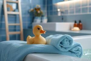 ai generiert Gelb Gummi ducky im Badezimmer foto