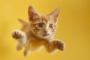 ai generiert spielerisch Tabby Katze Springen gegen Gelb Hintergrund foto