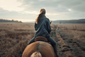 zu Pferd Reiten durch Herbst Felder. Frau Reiten Pferd foto