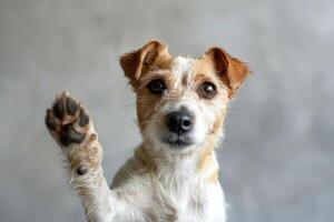 komisch Hund mit angehoben hoch Pfote zeigen hoch fünf Geste foto