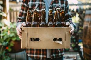 Mann halten Fall von Bier Flaschen draußen Geschäft foto