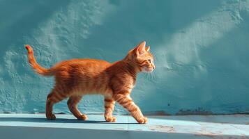 ai generiert Orange Katze Gehen auf Bürgersteig im Vorderseite von Blau Mauer foto