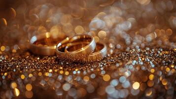 ai generiert zwei Diamant Hochzeit Ringe auf Tabelle foto