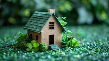 ai generiert klein Haus auf üppig Grün Feld foto