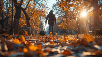 ai generiert Mann Gehen durch Blätter mit Besen foto