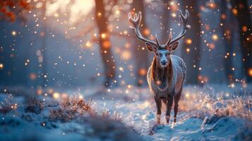 ai generiert Hirsch Stehen im schneebedeckt Wald foto