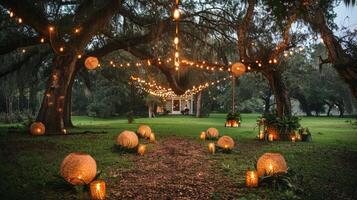 ai generiert Hochzeit Rezeption unter groß Baum mit Beleuchtung foto