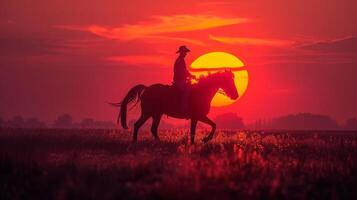 ai generiert Mann Reiten Pferd beim Sonnenuntergang foto