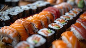 ai generiert schließen oben von Sushi und Essstäbchen auf Teller foto