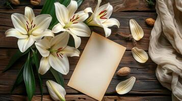 ai generiert Strauß von Weiß Lilien Nächster zu leer Papier foto