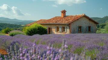 ai generiert Lavendel Feld mit Haus im Hintergrund foto