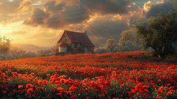 ai generiert Haus im Feld von rot Blumen foto