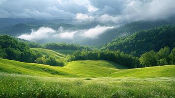 ai generiert grasig Feld mit Berge foto