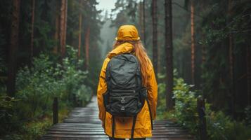 ai generiert Person im Gelb Regenjacke Gehen im Wald foto