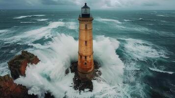 ai generiert Leuchtturm Stehen im riesig Ozean foto