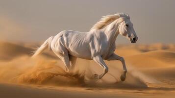 ai generiert Weiß Pferd Laufen im Wüste Staub foto