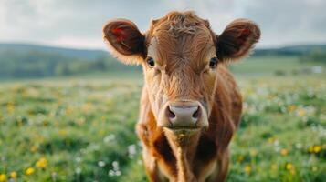 ai generiert braun Kuh Stehen auf üppig Grün Feld foto