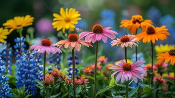 ai generiert Blumen verstreut über Gras foto