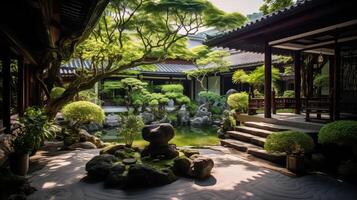 ai generiert ein Zen Tempel Hof umgeben durch üppig Grün. generativ ai foto