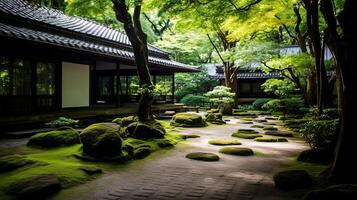 ai generiert ein Zen Tempel Hof umgeben durch üppig Grün. generativ ai foto